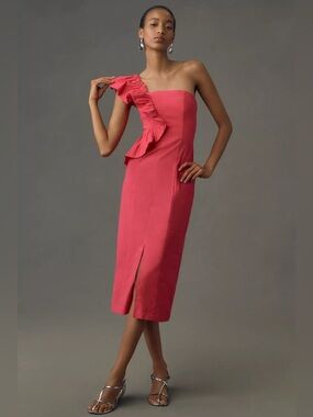 ANTHROPOLOGIE One-Shoulder Ruffle Linen Column Midi Dress